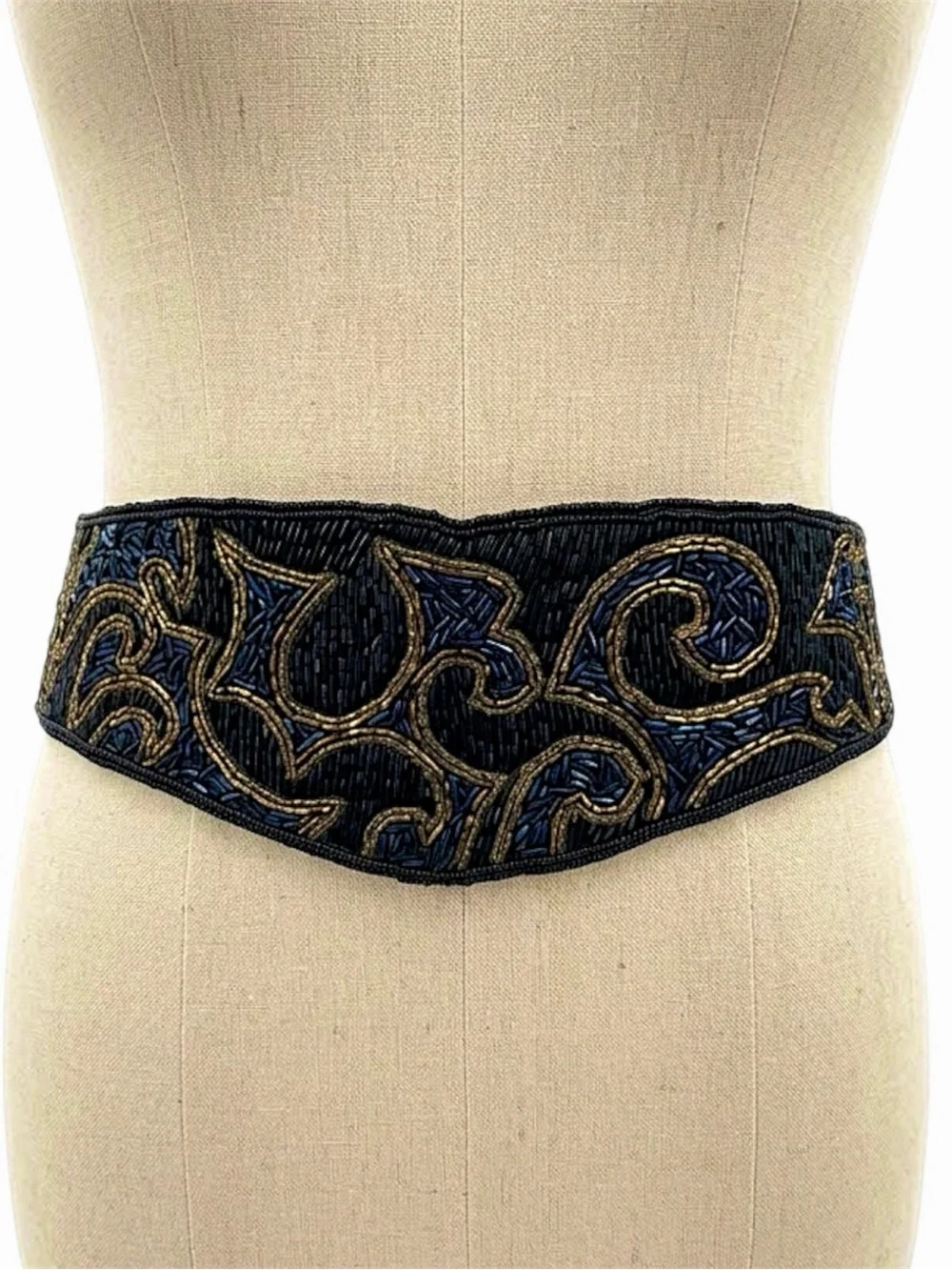 Vintage beaded belt cummerbund style black navy gold ties in back EUC